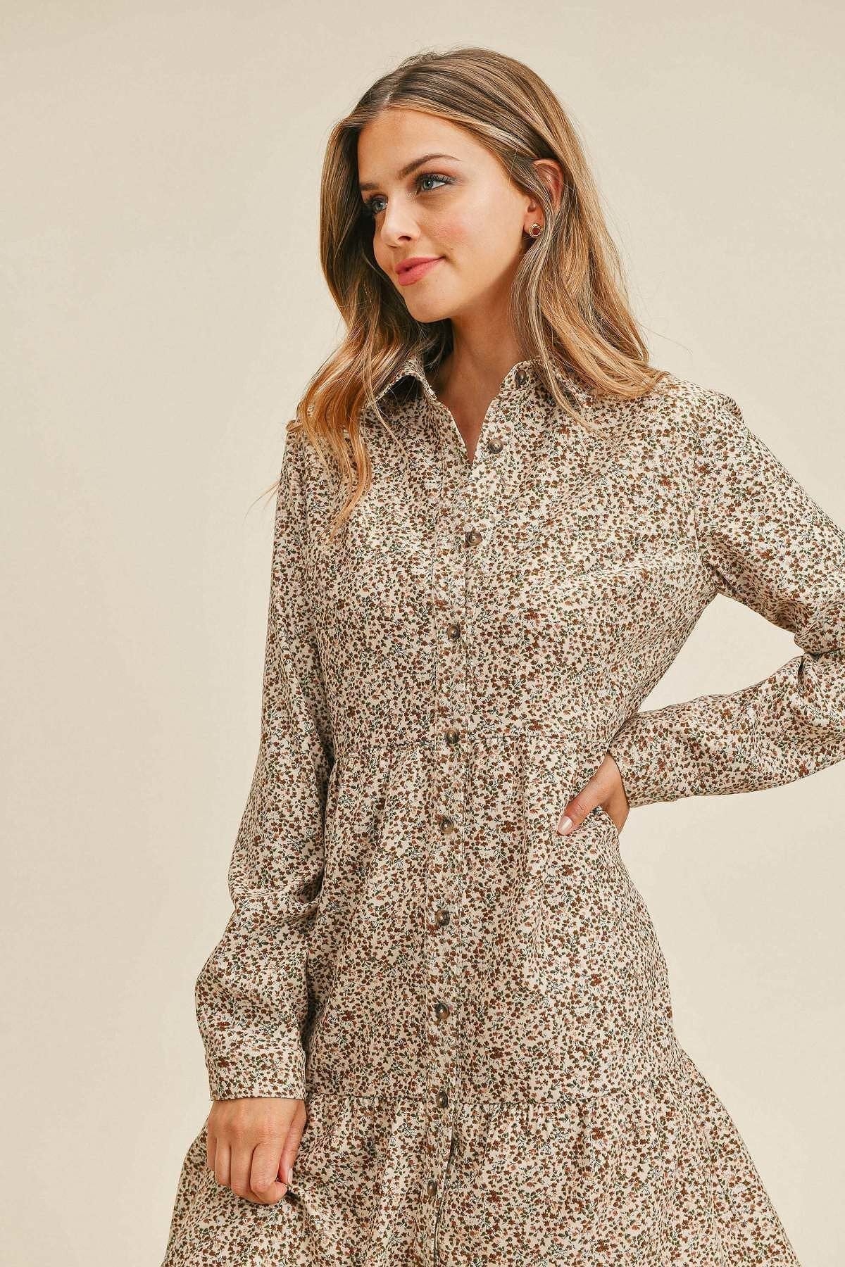 Corduroy Printed Button Down Dress-Taupe/Multi