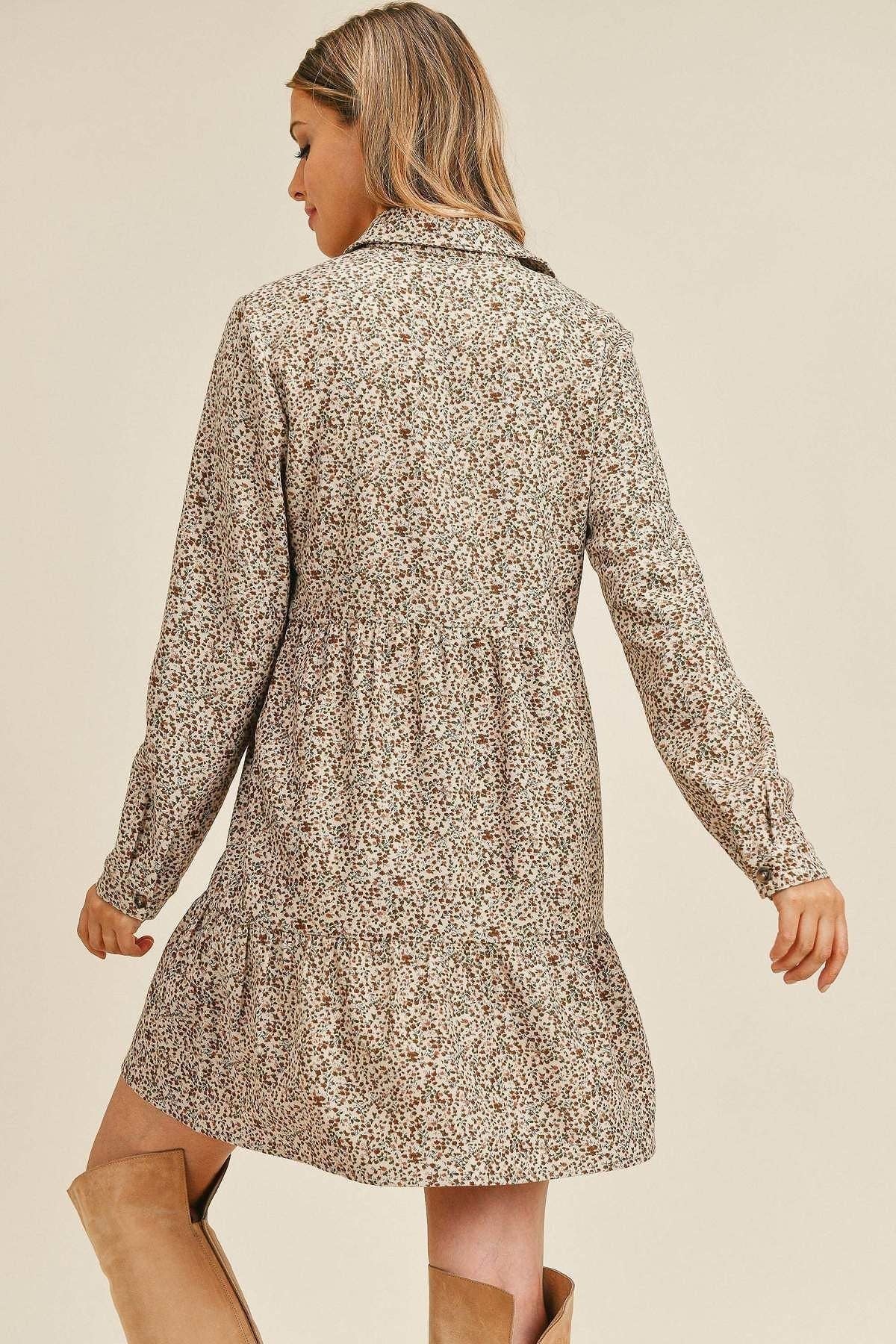 Corduroy Printed Button Down Dress-Taupe/Multi