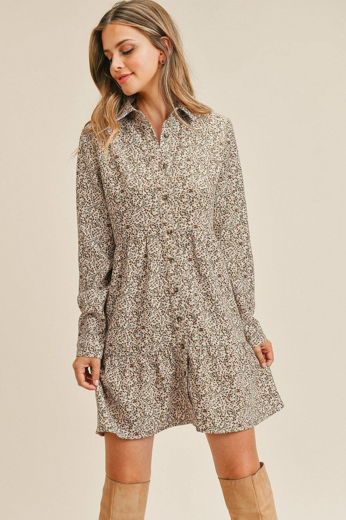 Corduroy Printed Button Down Dress-Taupe/Multi