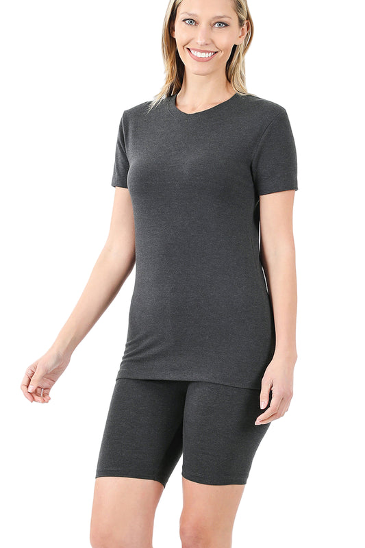 COTTON ROUND NECK TOP & BIKE SHORTS SET-Black