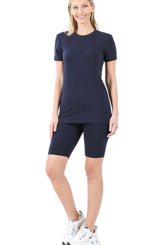 COTTON ROUND NECK TOP & BIKE SHORTS SET-Black
