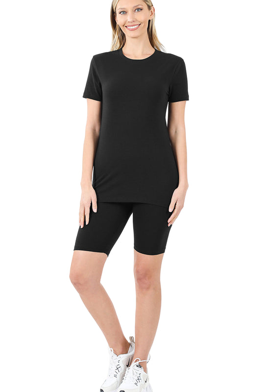 COTTON ROUND NECK TOP & BIKE SHORTS SET-Black