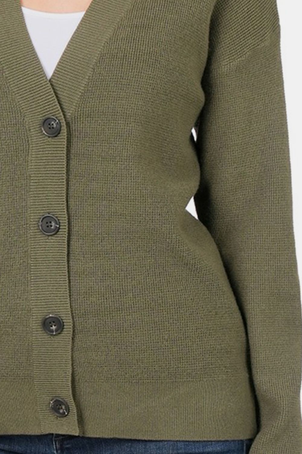 Olive green button up V-neck cardigan with dropped shoulders and moderate stretch, made from viscose, nylon, and polyester blend.