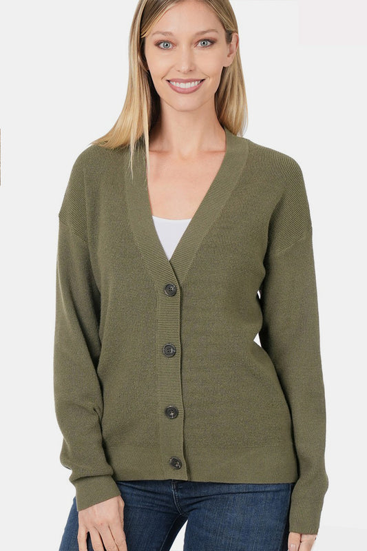 Olive green button-up V-neck cardigan with dropped shoulders, featuring moderate stretch for comfort and style.