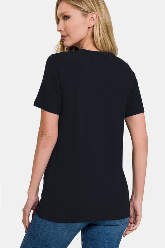 Woman wearing a black cozy crew neck short sleeve t-shirt, showcasing back view in full size, made from polyester, rayon, and spandex.