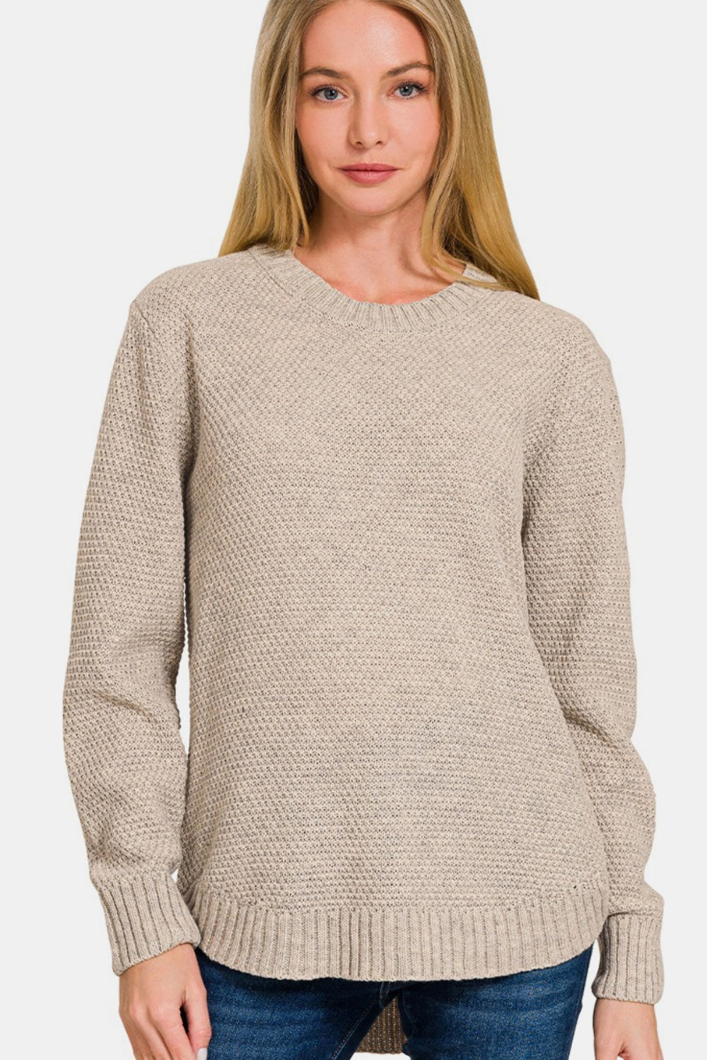 Round neck long sleeve curved hem sweater in beige, featuring a timeless basic style, perfect for everyday wear.