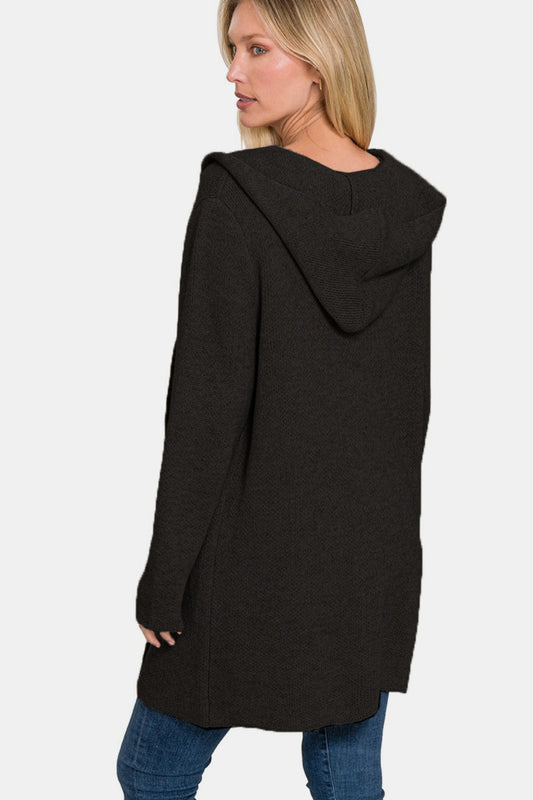 Woman wearing hooded open front sweater cardigan in black, perfect for casual outings and layering over outfits.