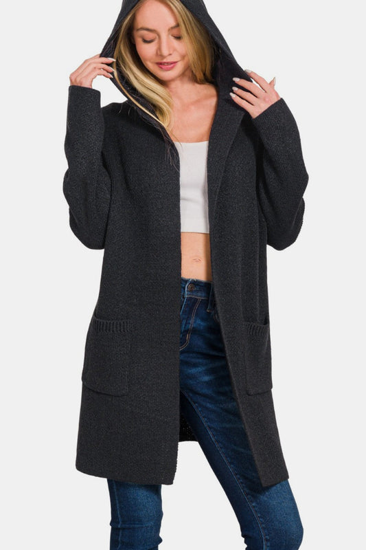 Stylish hooded open front sweater cardigan with pockets for easy layering over casual outfits.