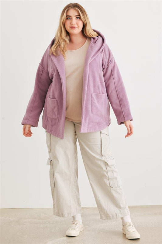 Plus size mauve hooded cardigan jacket with two pockets, worn by model in casual outfit, showcasing cozy and stylish design.