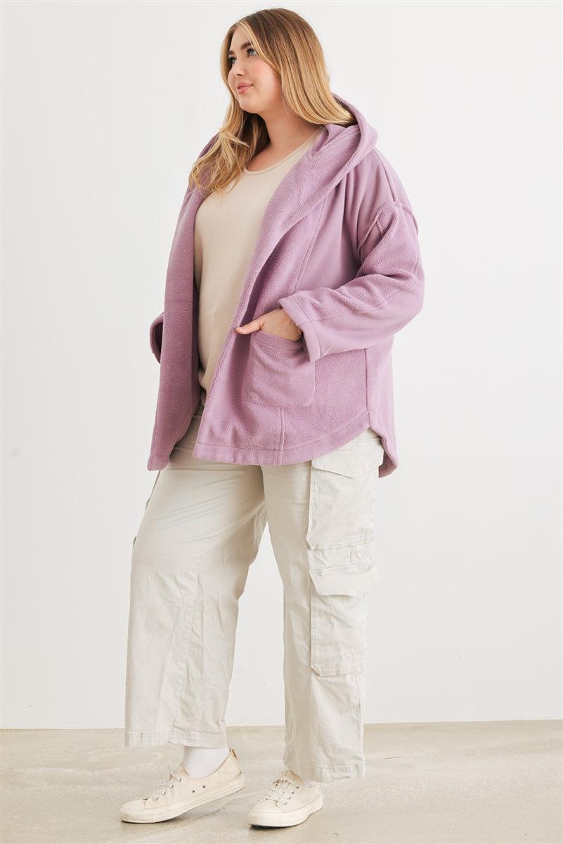 Plus size mauve hooded cardigan jacket with pockets, featuring a cozy robe style and relaxed fit for casual wear.