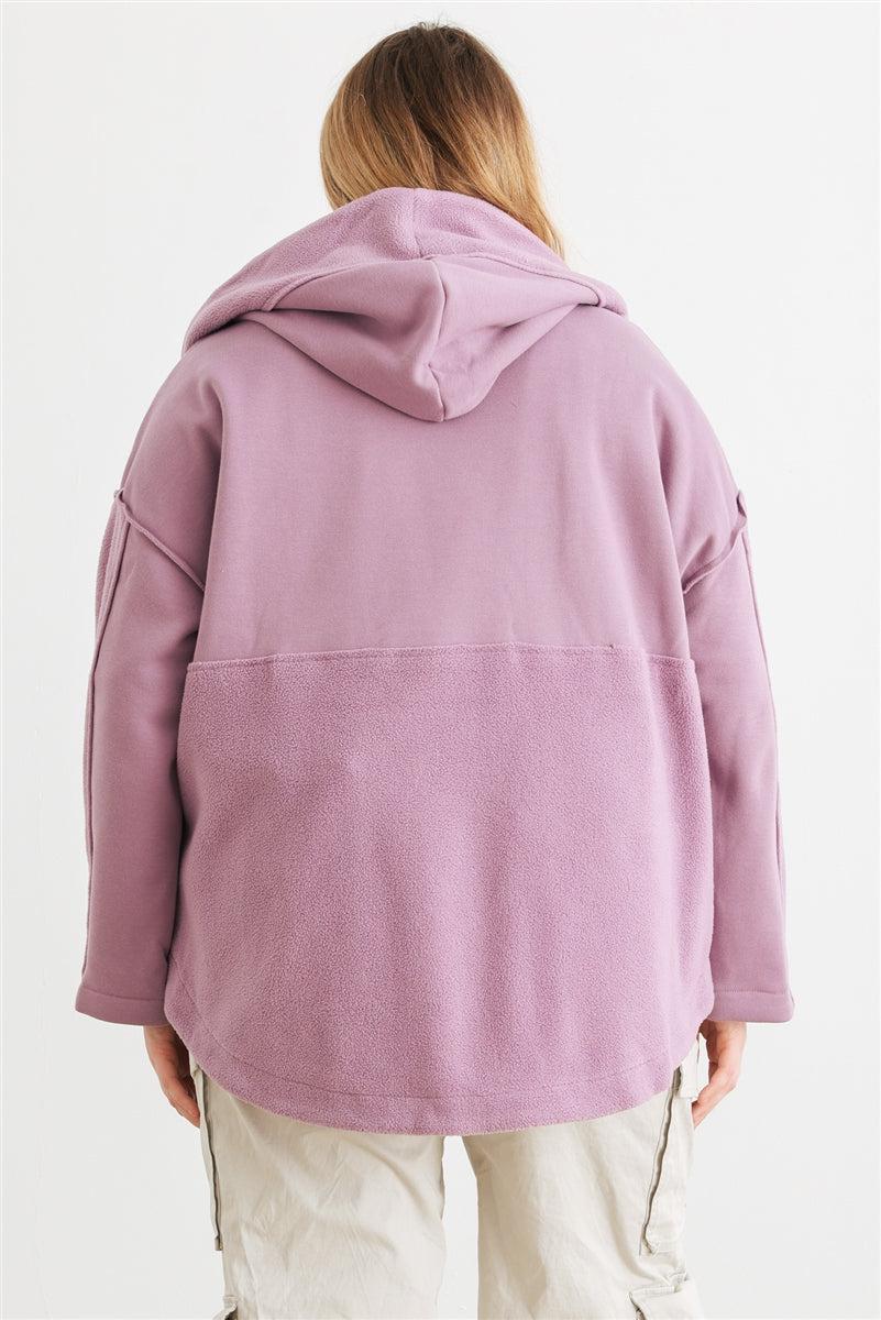 Plus size mauve hooded cardigan jacket with two pockets and relaxed fit, back view showing soft fabric and cozy style.