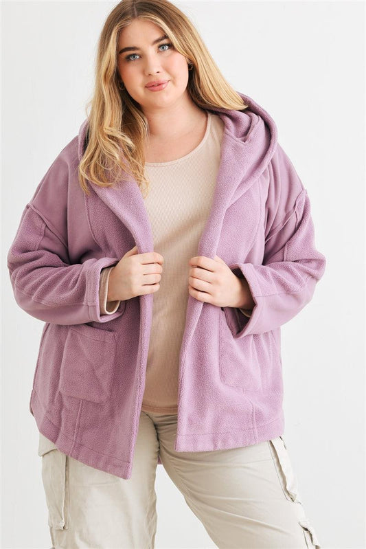 Plus Size Mauve Hooded Cardigan Jacket with Pockets, Open Front, Long Sleeves, Relaxed Fit, and Cozy Style for Casual Wear