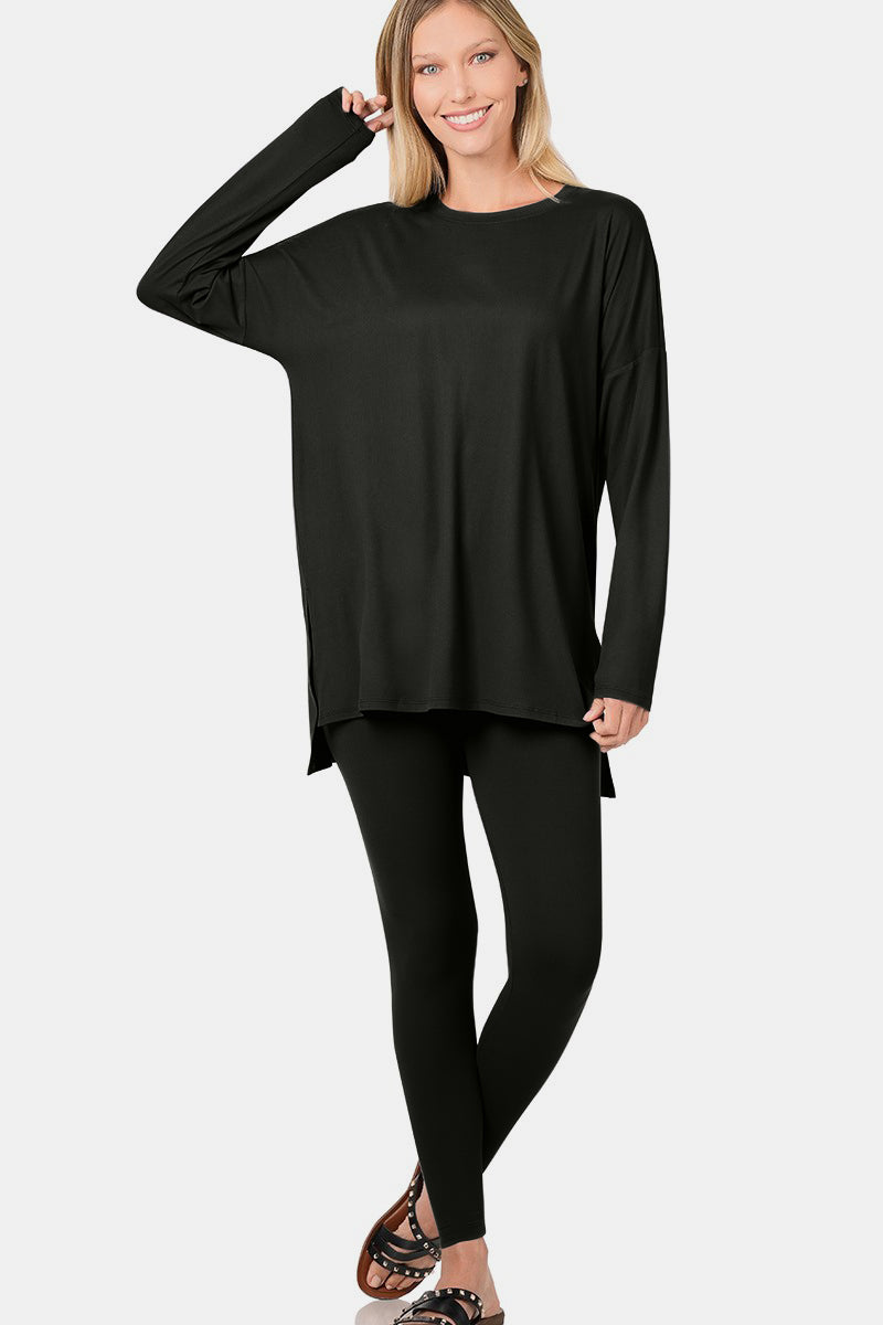 Woman wearing full size brushed microfiber top and leggings lounge set, showcasing ultra-soft, stretchy, and versatile style.