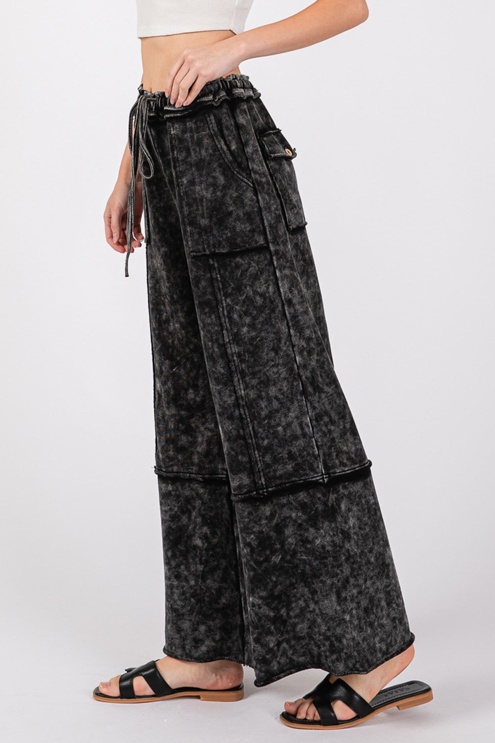 Cozy Mineral Washed Terry Wide Leg Pants - Ash Black