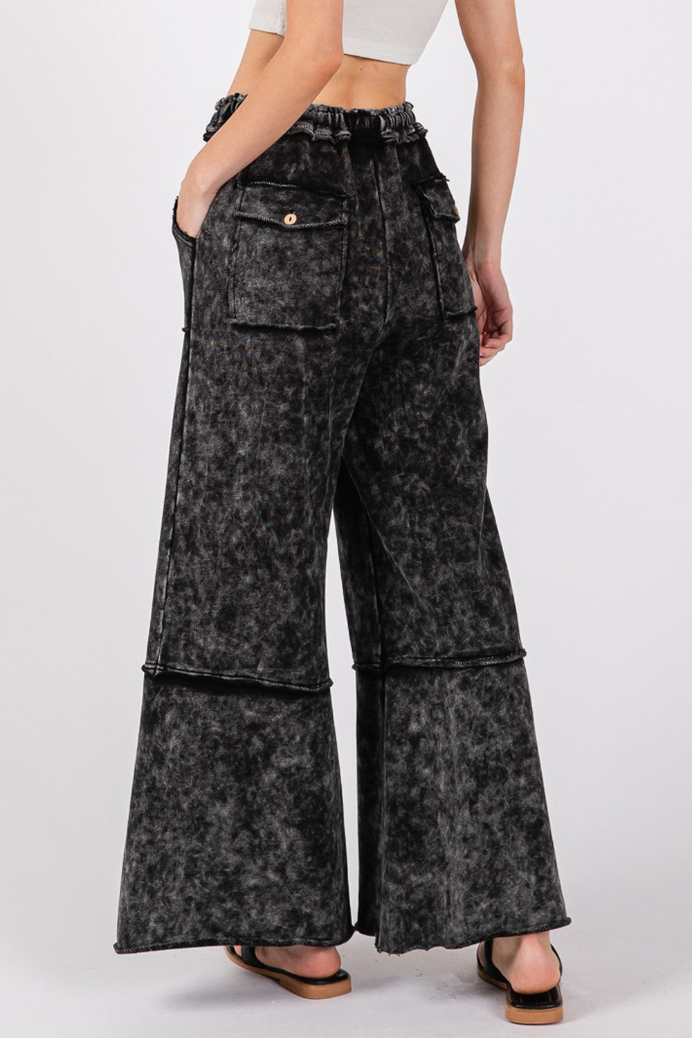 Cozy Mineral Washed Terry Wide Leg Pants - Ash Black