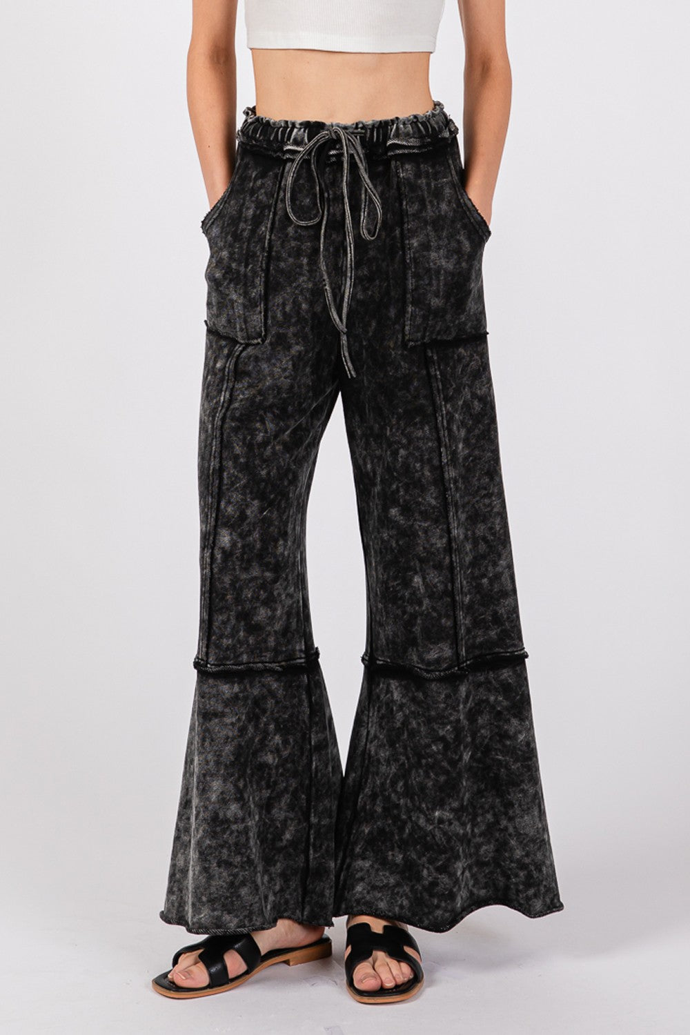 Cozy Mineral Washed Terry Wide Leg Pants - Ash Black