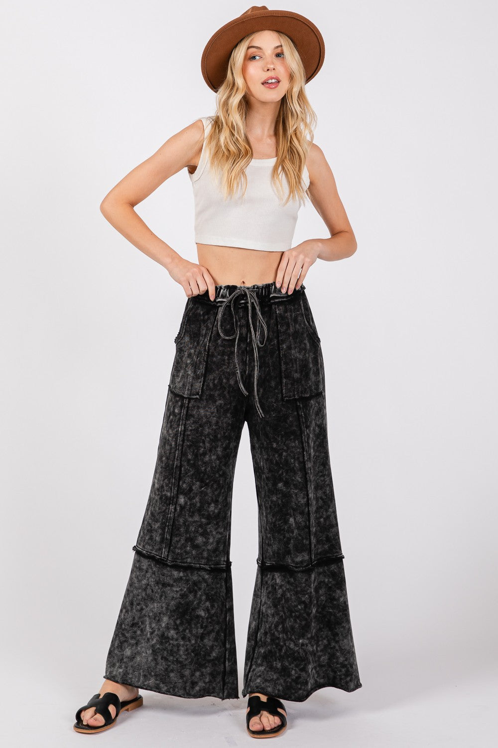 Cozy Mineral Washed Terry Wide Leg Pants - Ash Black