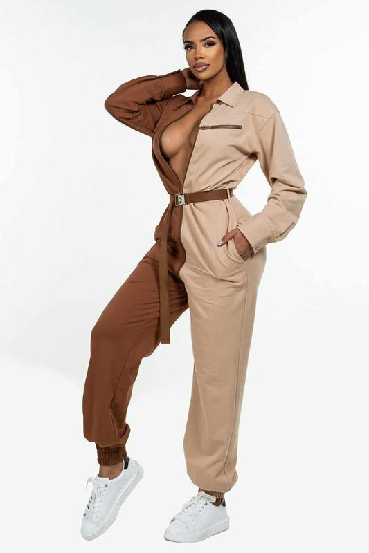 Long sleeve oversized cozy shirt jumpsuit with accent belt and adjustable zipper in brown, featuring a stylish design.