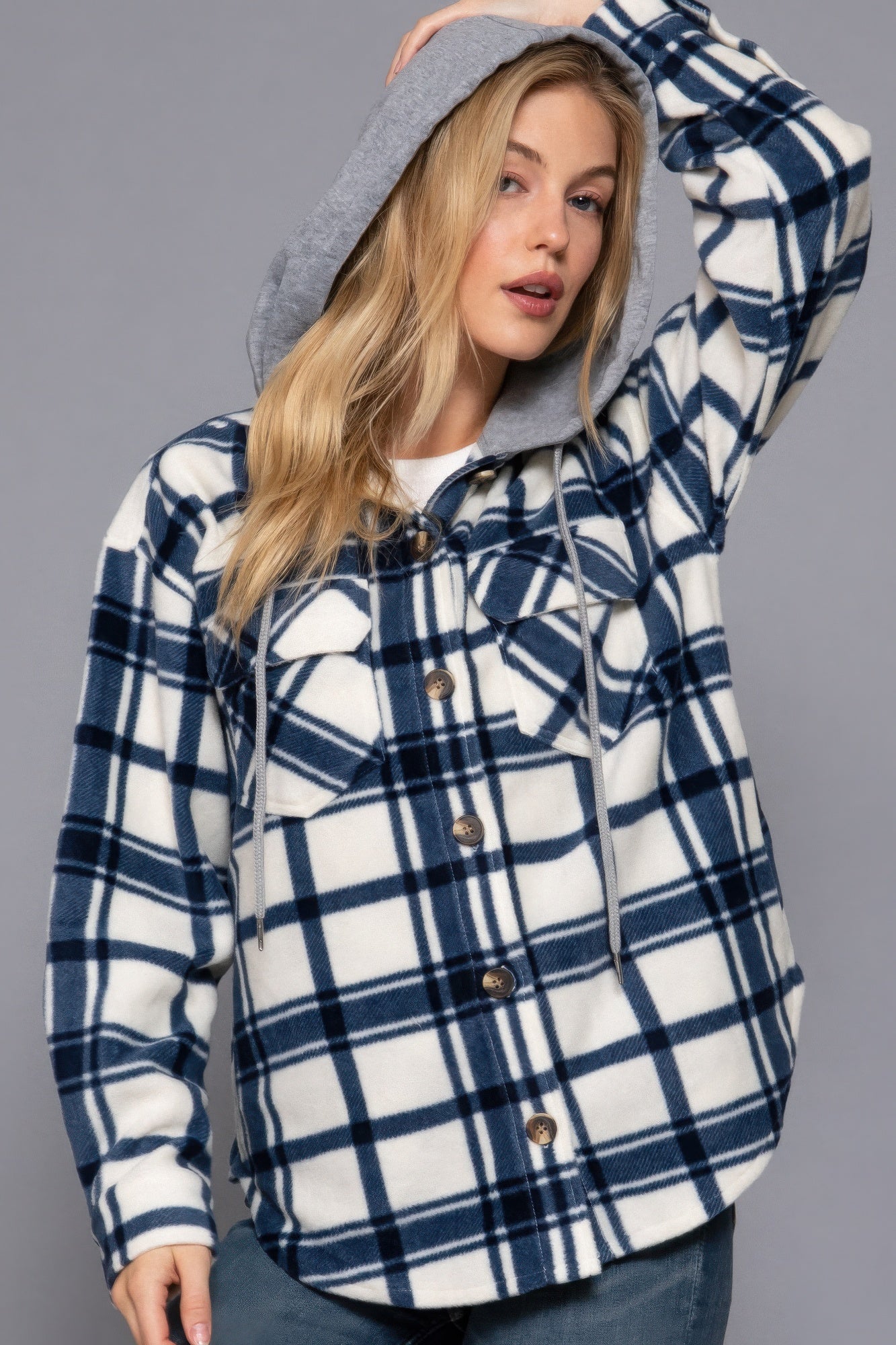 Ivory navy plaid print hoodie fleece jacket with button-down front and hood, perfect for casual outings and layering.