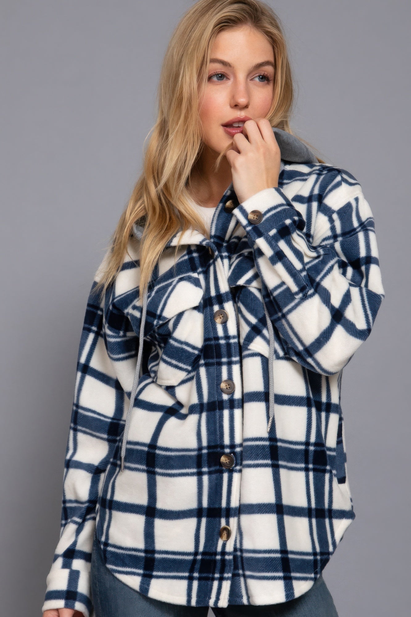 Ivory/navy plaid print hoodie fleece jacket with button-down closure and attached hood, perfect for casual outings and layering.