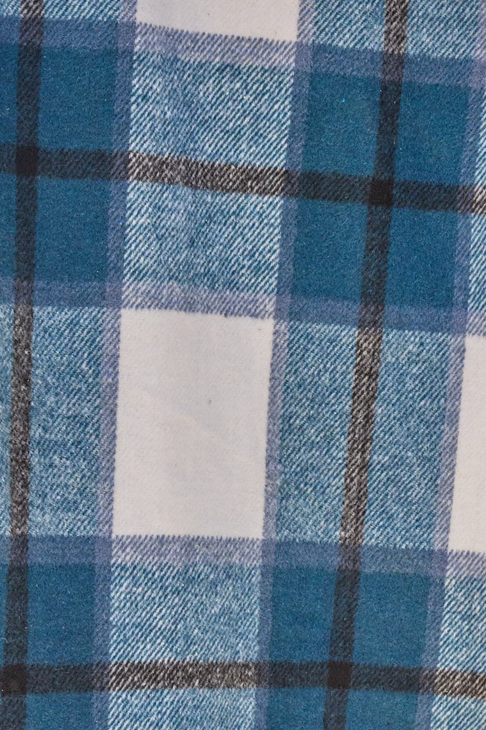 Blue plaid pattern on fabric, part of a full-size plaid button-up lapel collar coat, made from 100% polyester material.