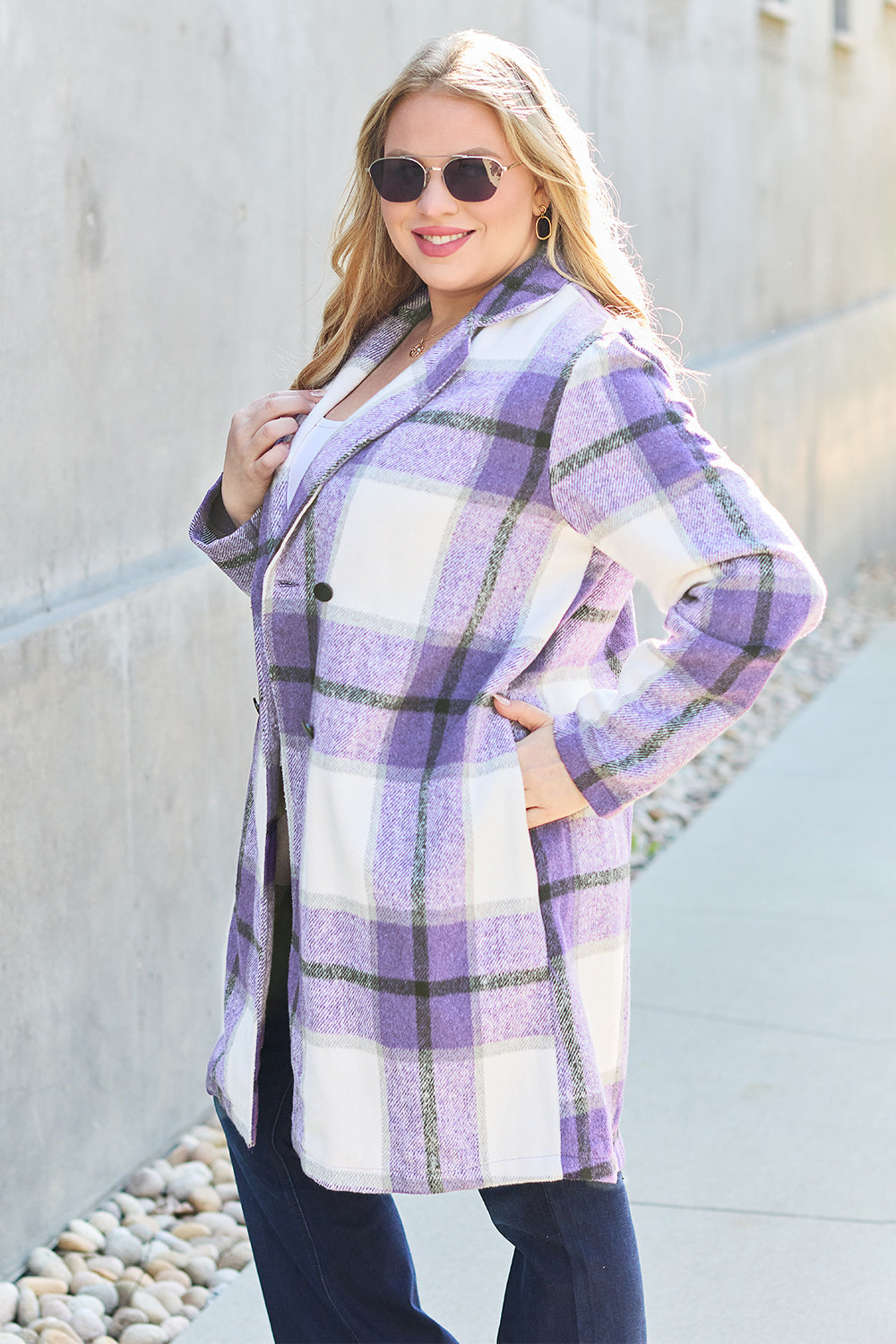 Stylish full-size purple plaid button-up coat with lapel collar and pockets, made of 100% polyester, perfect for casual wear.