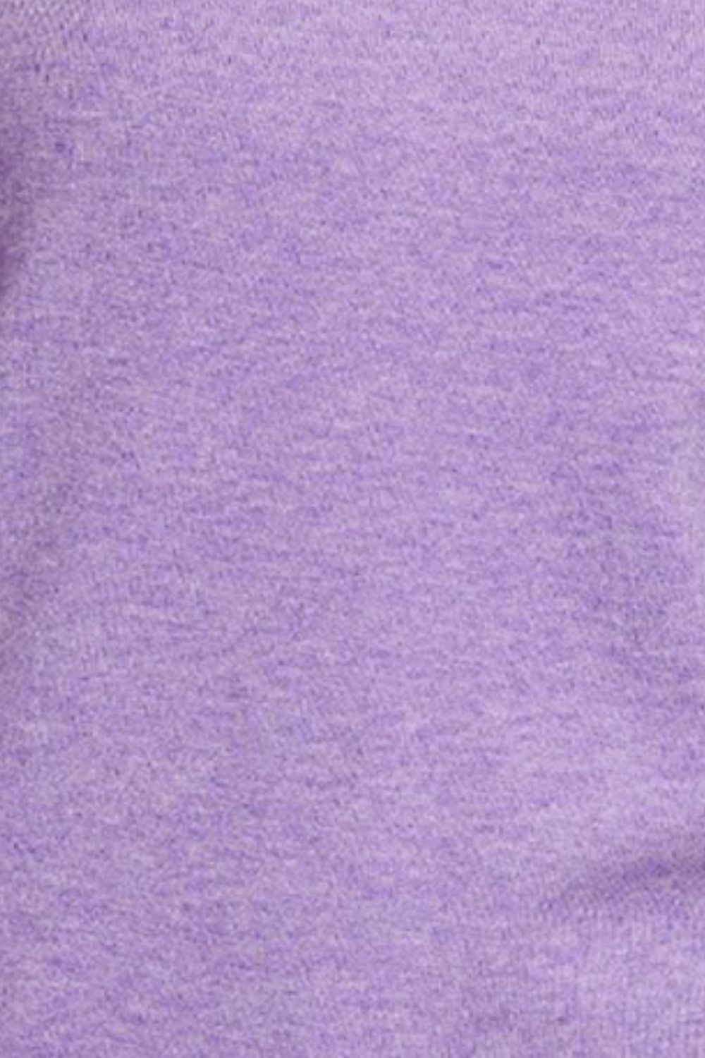 Close-up texture of a purple rolled round neck long sleeve sweater made of viscose, nylon, and polyester with moderate stretch.