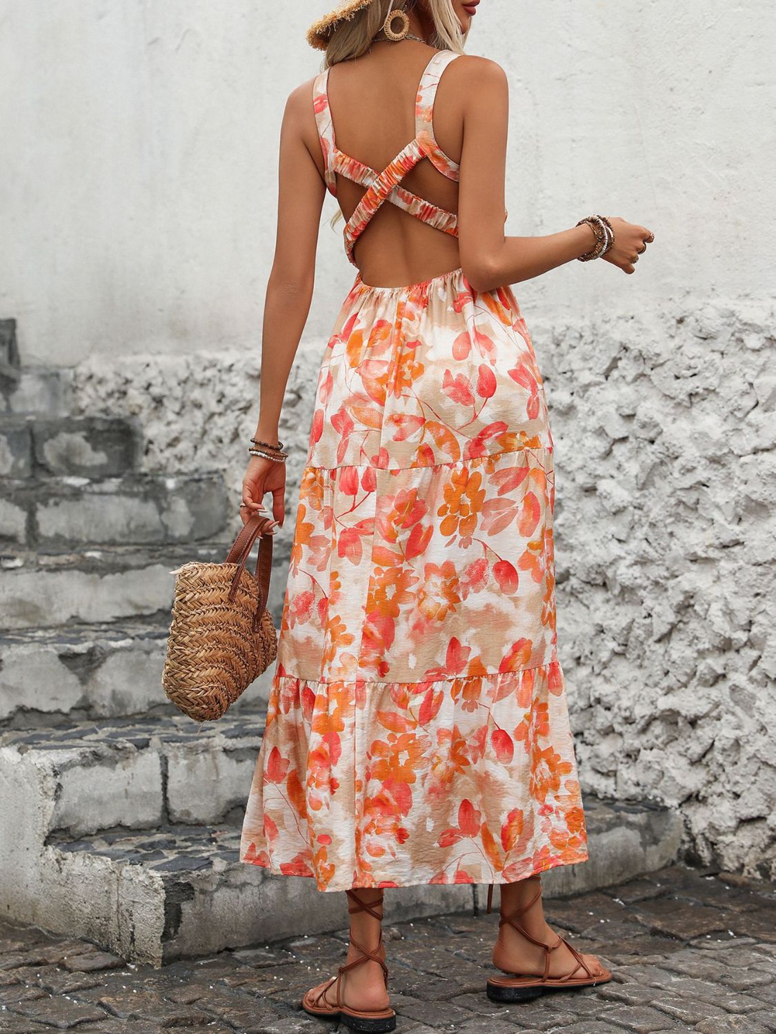 Crisscross Printed Midi Dress Square Neck Orange