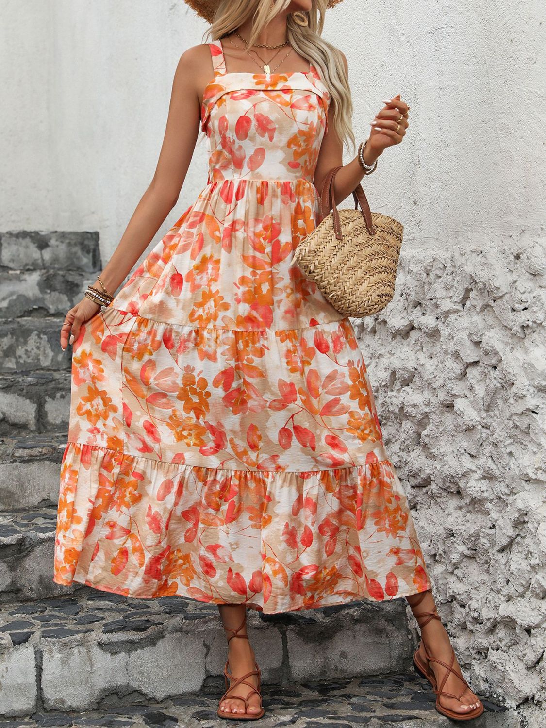 Crisscross Printed Midi Dress Square Neck Orange