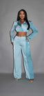 Crop Blazer With Matching Low Rise Wide Leg Pant-Blue