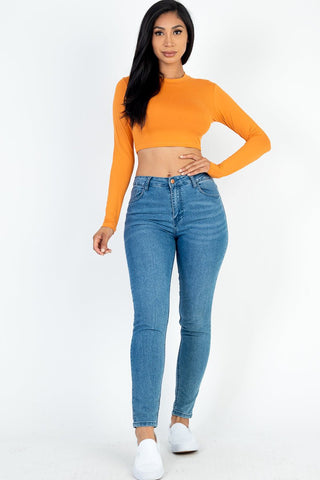Cropped Long Sleeve Crew Neck Top | Soft Stretch