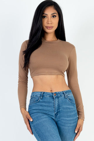 Cropped Long Sleeve Crew Neck Top | Soft Stretch