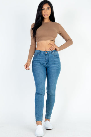 Cropped Long Sleeve Crew Neck Top | Soft Stretch