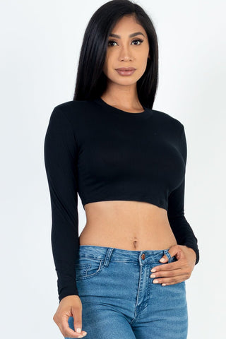 Cropped Long Sleeve Crew Neck Top | Soft Stretch