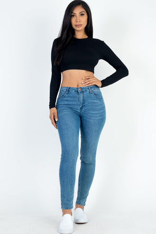 Cropped Long Sleeve Crew Neck Top | Soft Stretch