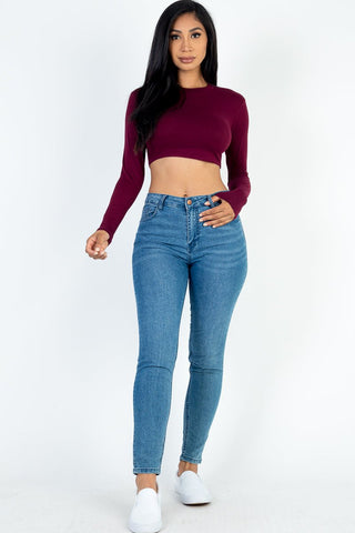 Cropped Long Sleeve Crew Neck Top | Soft Stretch