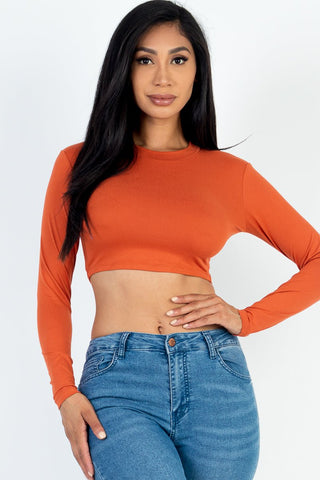 Cropped Long Sleeve Crew Neck Top | Soft Stretch