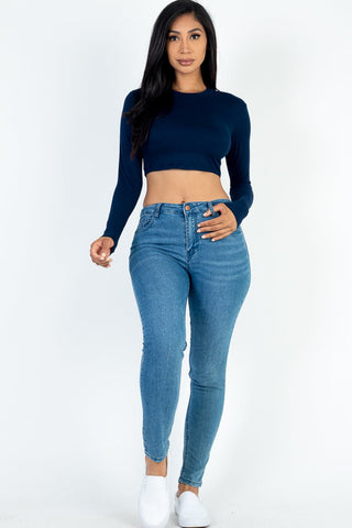 Cropped Long Sleeve Crew Neck Top | Soft Stretch