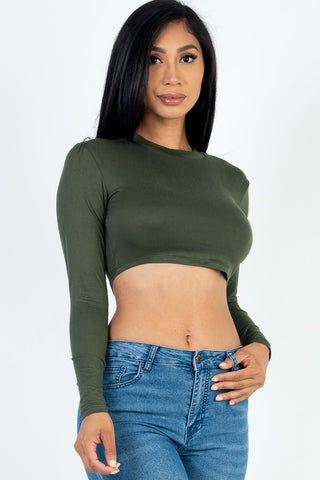 Cropped Long Sleeve Crew Neck Top | Soft Stretch
