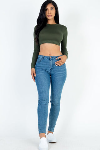 Cropped Long Sleeve Crew Neck Top | Soft Stretch