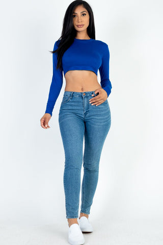 Cropped Long Sleeve Crew Neck Top | Soft Stretch