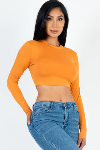 Cropped Long Sleeve Crew Neck Top | Soft Stretch