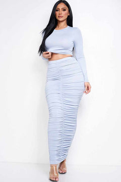 Cropped Top And Ruched Maxi Skirt Two Piece Set-Dusty Blue
