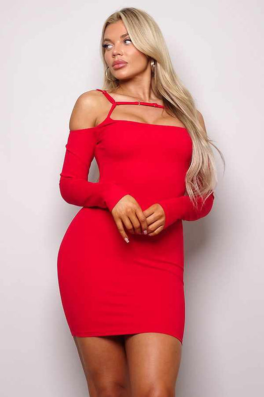 Cuff Front Strap Mini Dress-Red