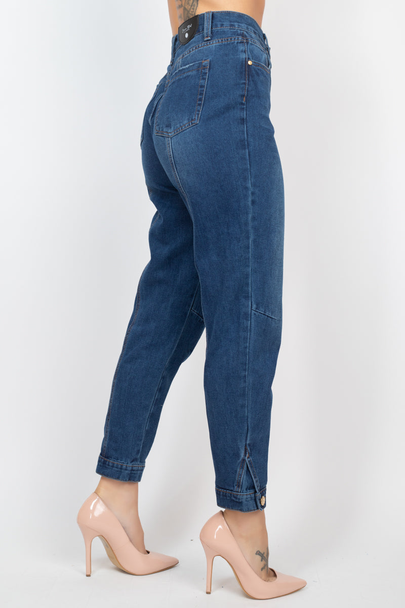 High-rise dark denim mom jeans with a cuffed-button hem, princess seams, and five-pocket design shown in side view.