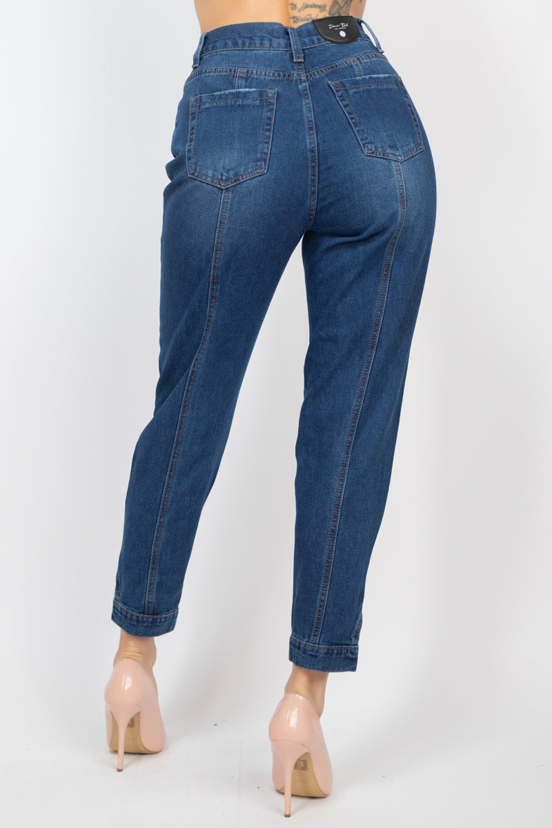 Back view of dark denim cuffed-button mom jeans with high-rise waist, five-pocket design, princess seams, and Capri-length hem.