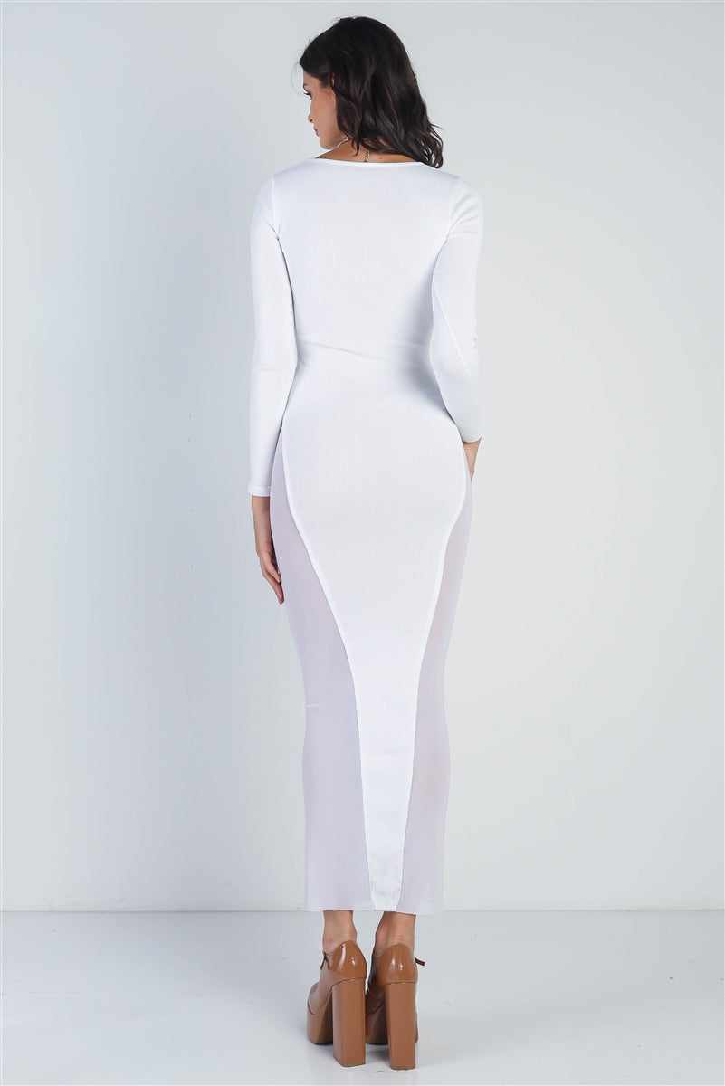 Back view of white knit long sleeve maxi dress with slim fit and round neckline, highlighting the elegant design and stretch fabric.