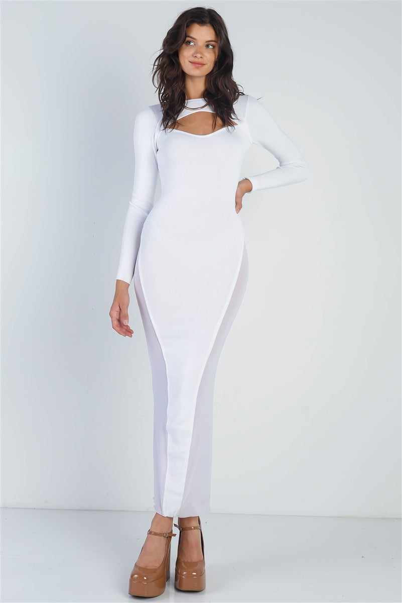 Long sleeve white dress with cutout bust and mesh side details, worn by woman. Maxi length and round neckline. Perfect for a stylish night out.