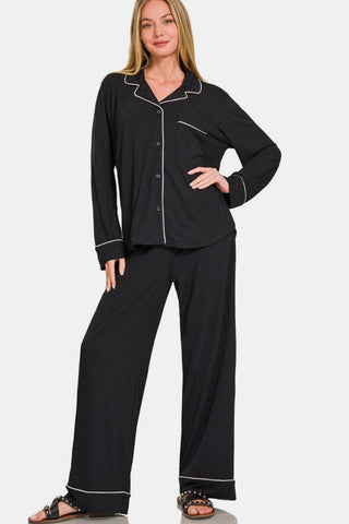 Black button down long sleeve top and pants lounge set with pockets, slightly stretchy, polyester-rayon-spandex blend.