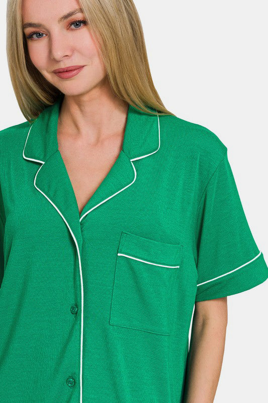 Kelly green button-down short sleeve top with pocket detailing, part of a comfortable two-piece lounge set.